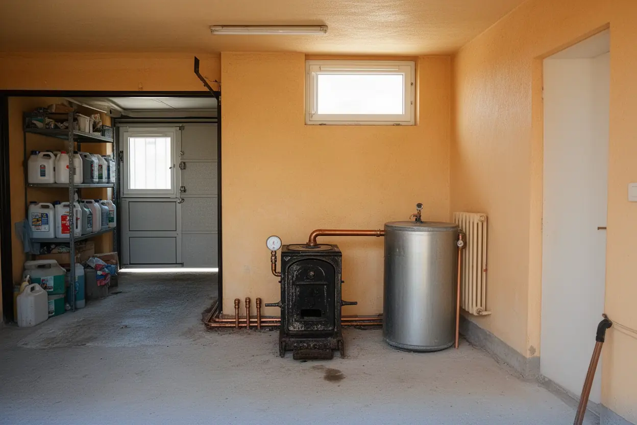 Ancienne chaudière fioul et cuve dans un garage à Avignon