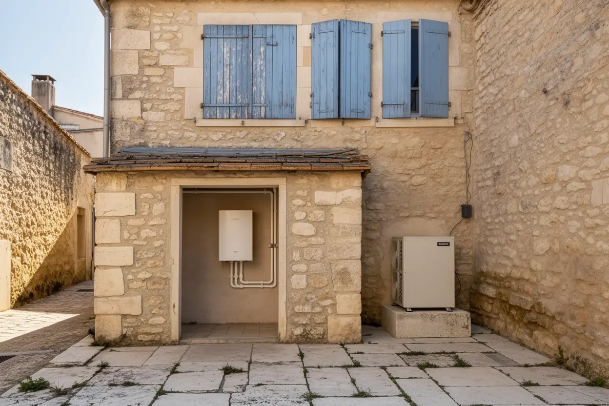 Pompe à chaleur air-eau installée dans le jardin à Bédarrides