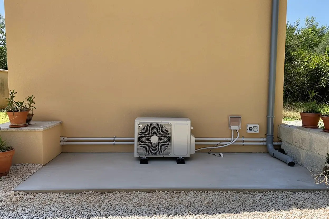 Unité extérieure de pompe à chaleur air-eau installée et raccordée