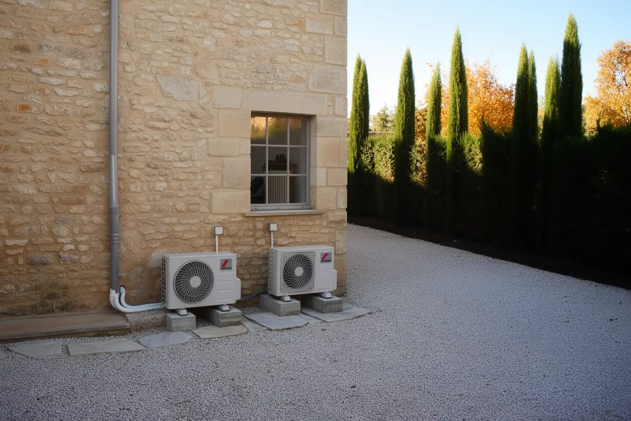 Unité extérieure de la PAC air-eau installée près de la maison