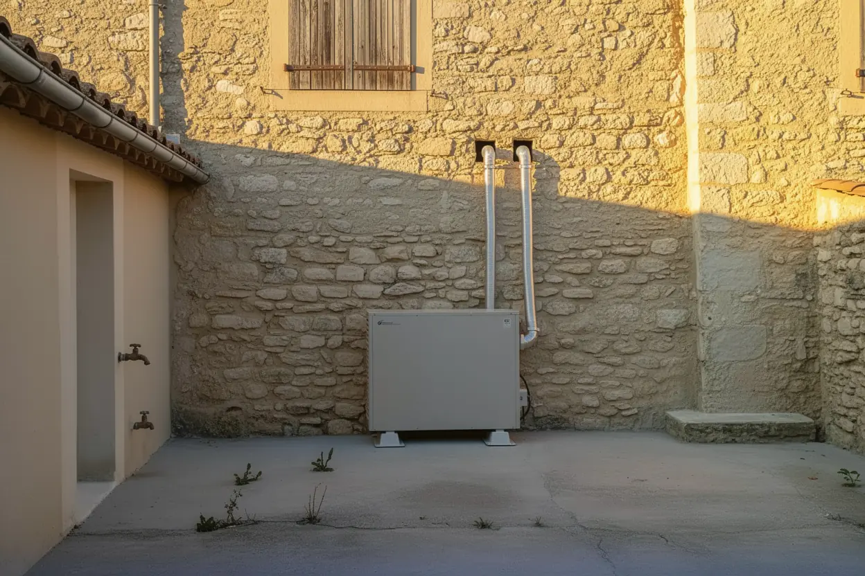 Unité extérieure de la PAC installée près des radiateurs en fonte