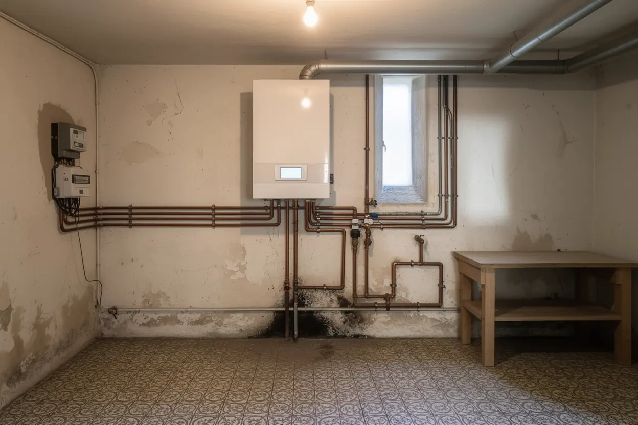 Pompe à chaleur air-eau installée en chaufferie à Châteaurenard