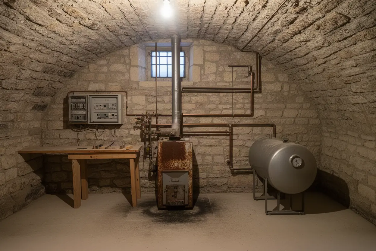 Ancienne chaudière fioul et cuve avant remplacement dans un mas à Eyragues