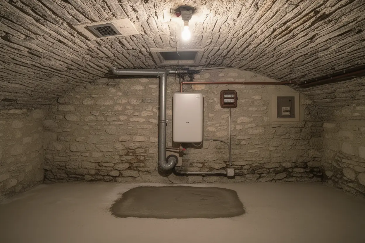 Pompe à chaleur air-eau posée après neutralisation de la cuve fioul