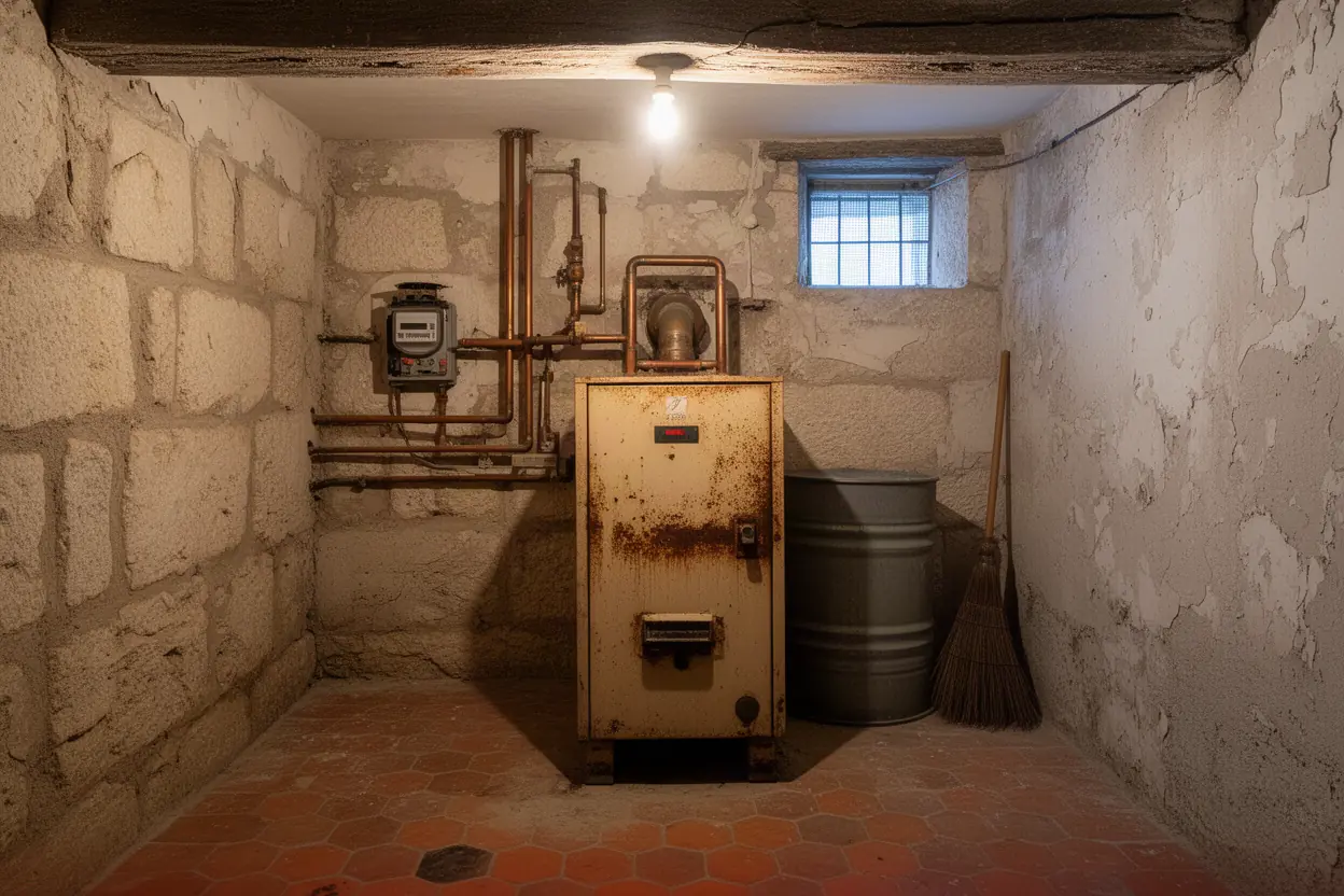 Ancienne chaudière fioul et cuve avant remplacement à Tarascon